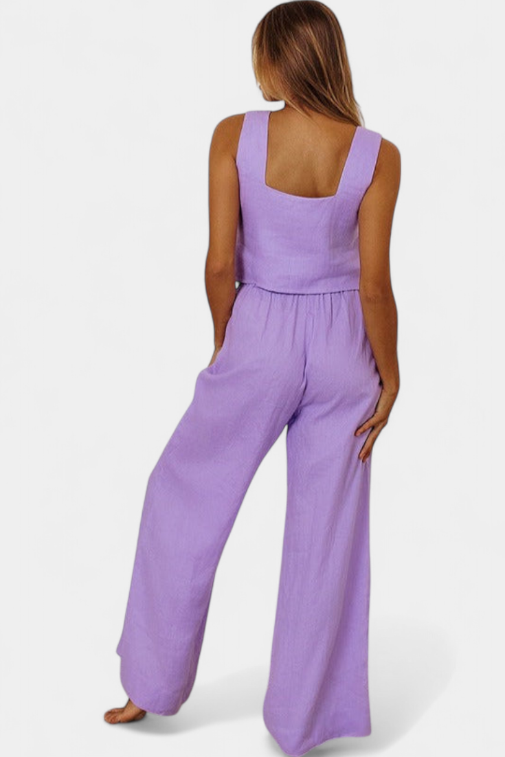 Conjunto Pascuala de lino de dos piezas con blusa sin mangas y pantalón fluido