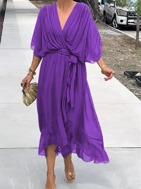 Monica™ | Vestido de Chifón de Seda con Escote en V