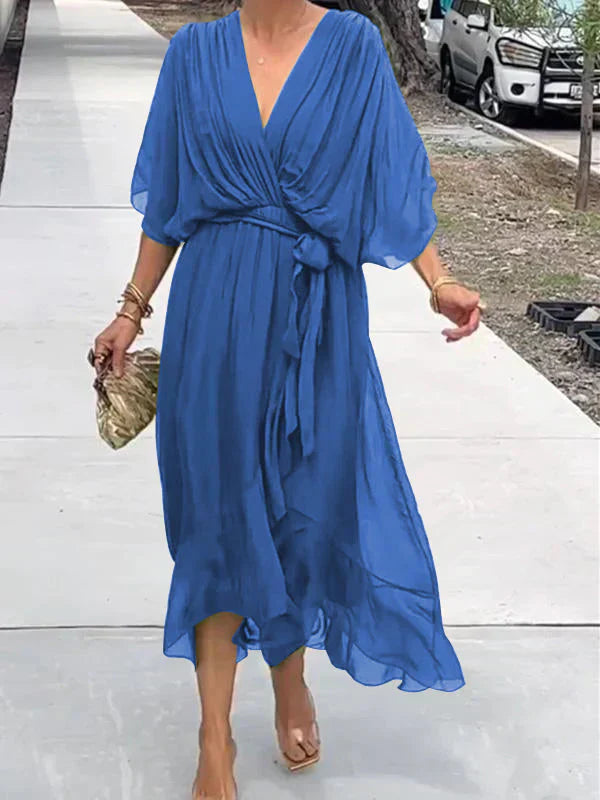 Monica™ | Vestido de Chifón de Seda con Escote en V