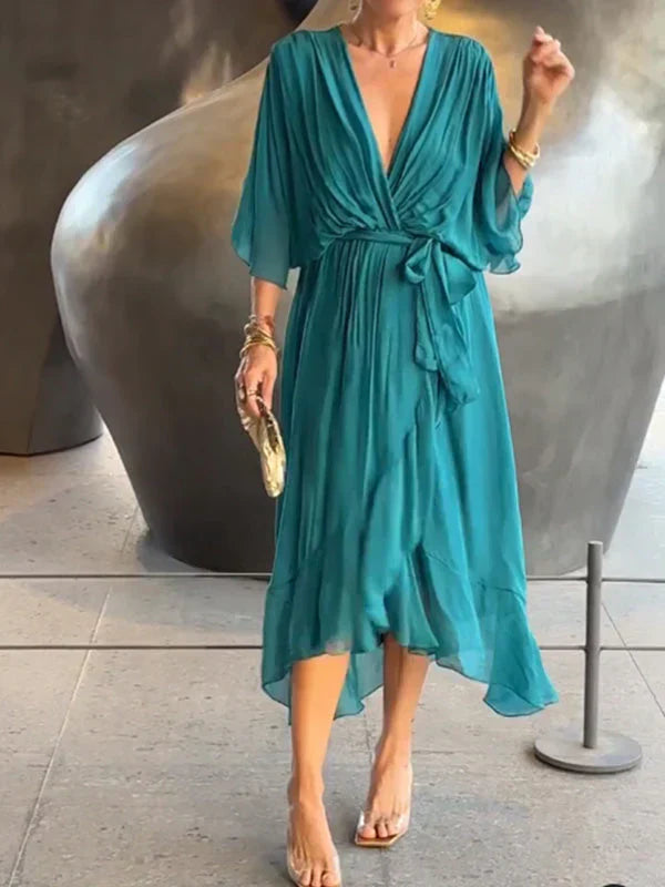 Monica™ | Vestido de Chifón de Seda con Escote en V