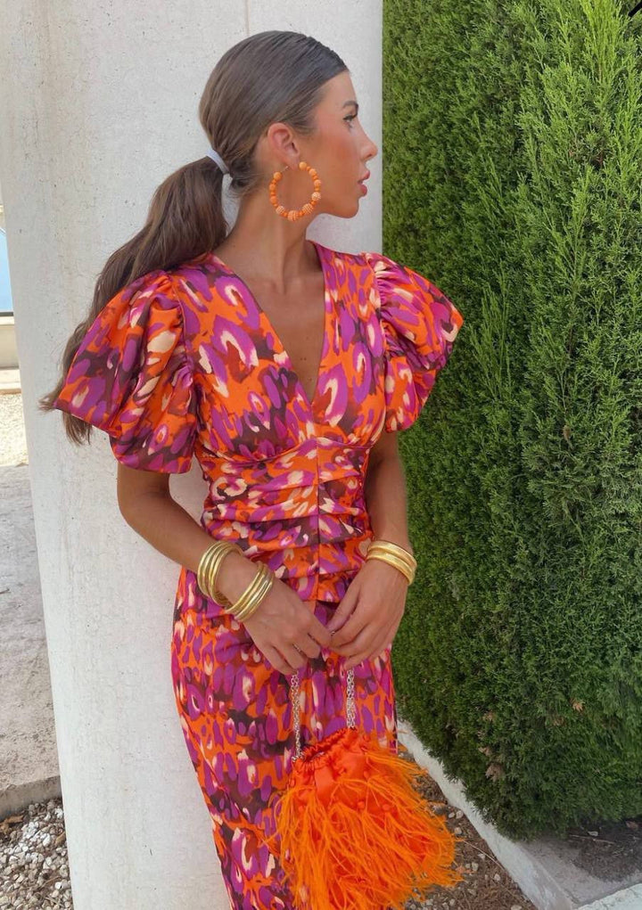 Carla | Vestido Midi Estampado con Mangas Abullonadas