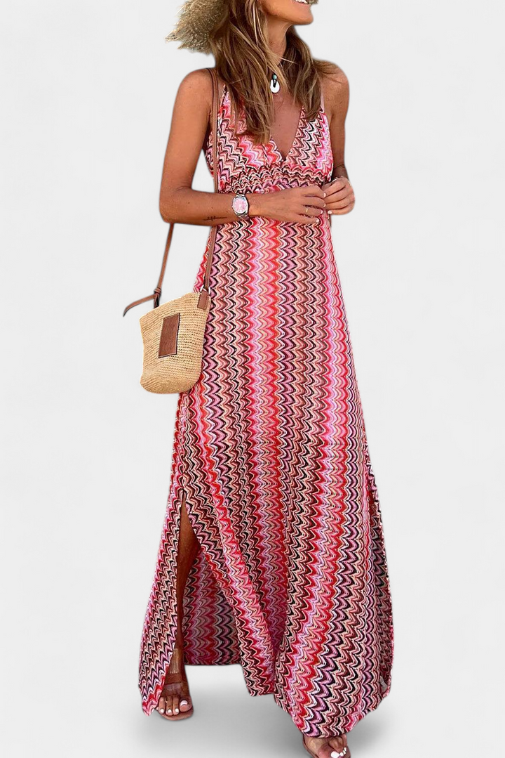 Jeni Vestido Largo Boho con Escote Halter y Estampado Tribal